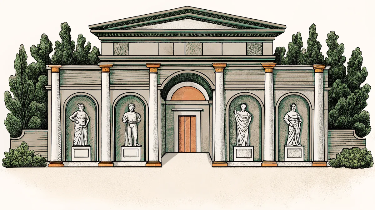 Roman coins and marble busts of emperors stand amid classical architectural ruins