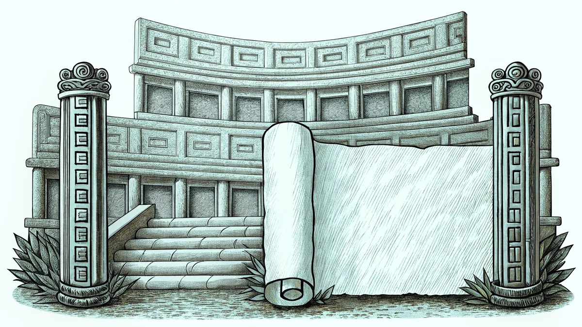Roman numerals inscribed on ancient stone tablets beside aged parchment with an ink-filled stylus nearby.