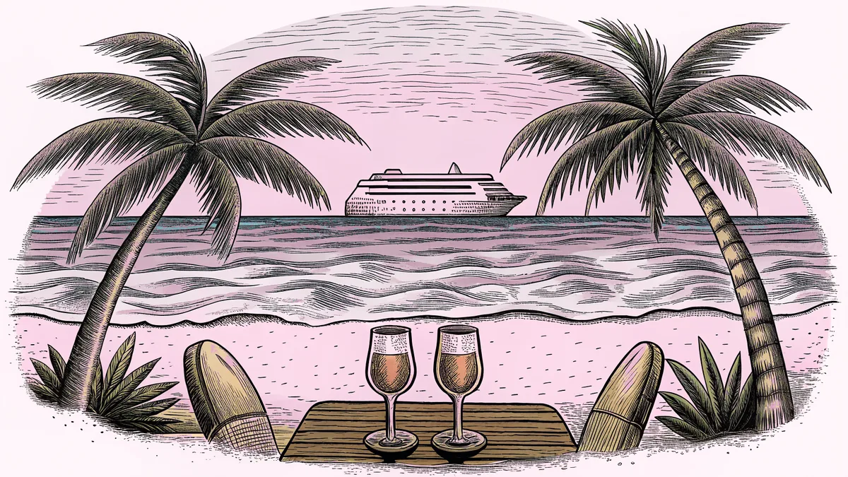 A couple watches the sunset from a romantic beach with a cruise ship on the horizon.