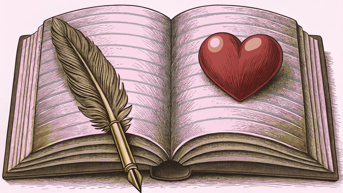 A feathered quill pen and crimson heart adorn an open blank book.