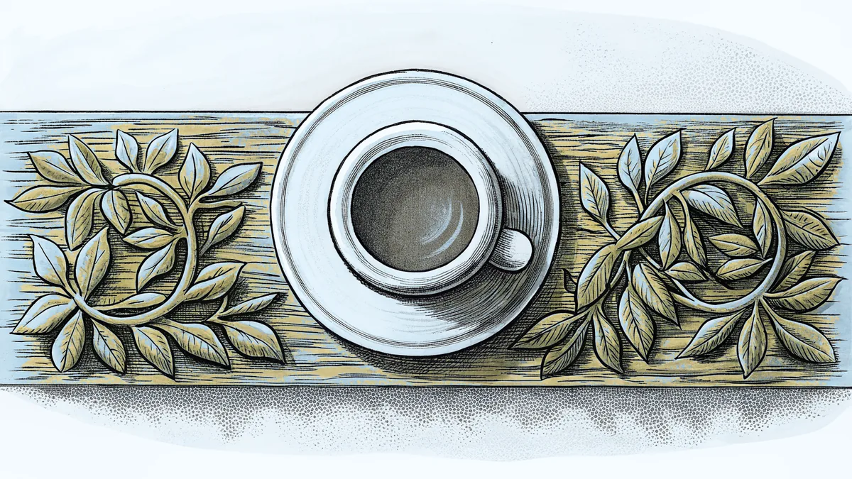 A small espresso cup and saucer on a wood panel flanked by carved laurel motifs.