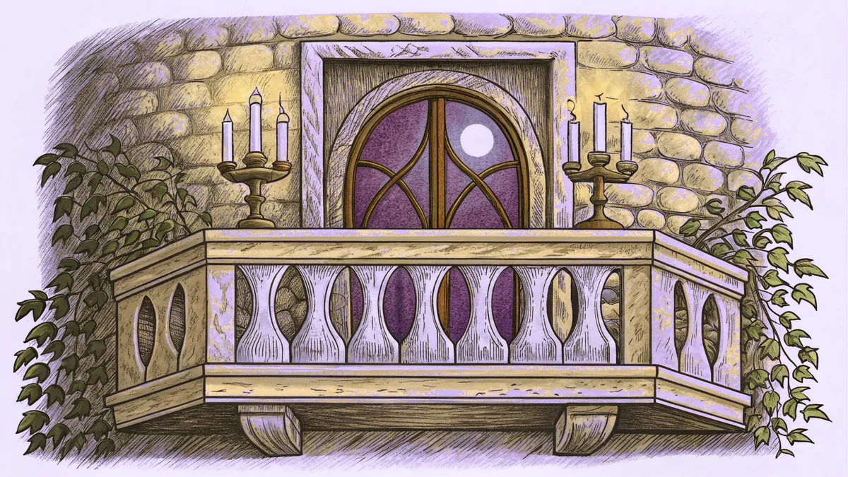 A moonlit stone balcony with ivy and candles overlooking a medieval town.