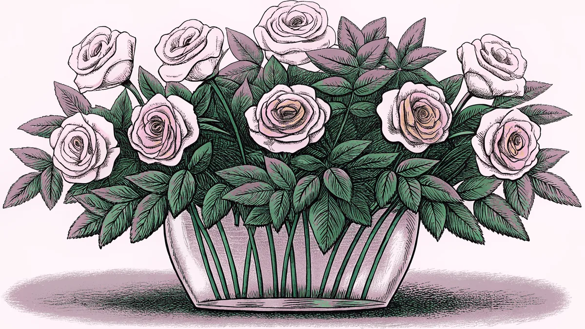 Deep crimson roses with their thorns intact cluster in a crystal vase.