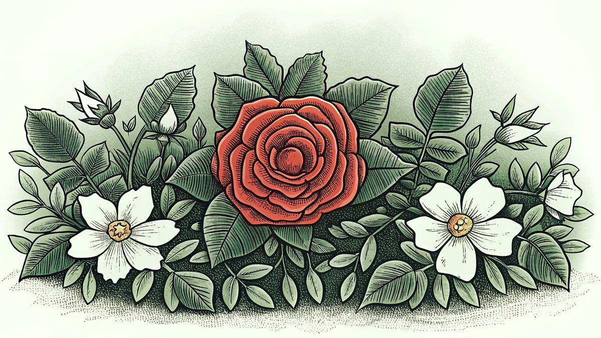 Crimson hybrid tea rose in full bloom displaying thorns and ripening rose hips on green stems.