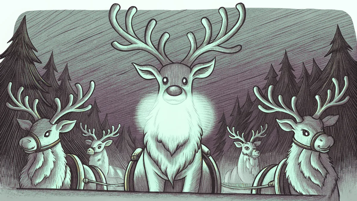 Red-nosed reindeer poised to guide Santa's sleigh through misty night air