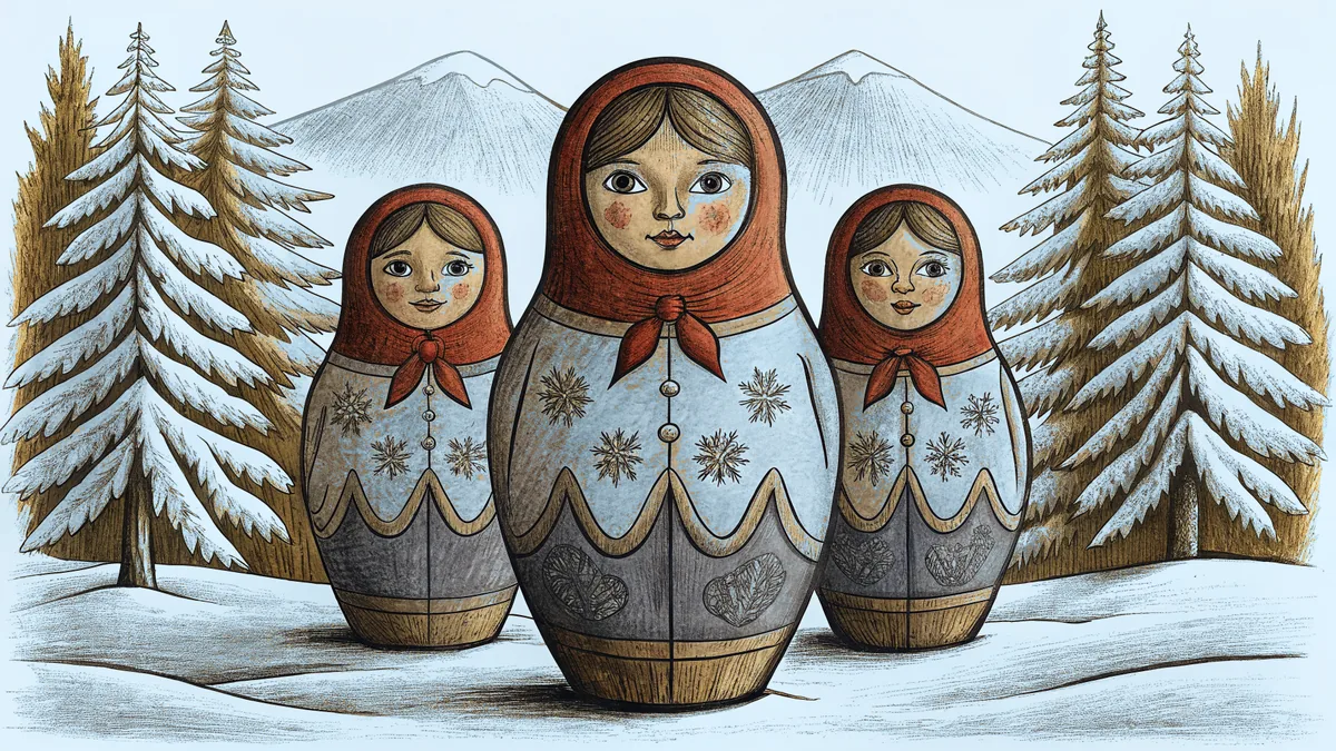 A set of matryoshka dolls sits beside a snow-covered pine forest and a distant mountain range.