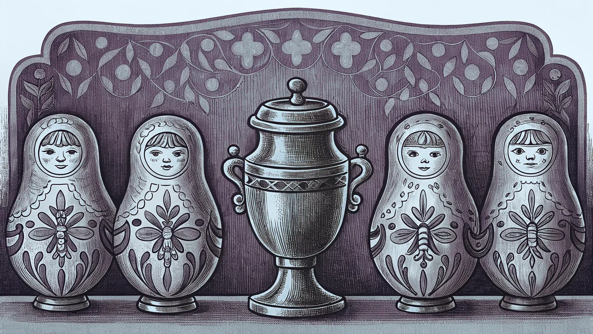 Four painted nesting dolls flanking a brass tea urn.