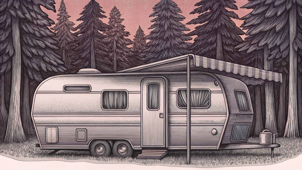 A silver trailer rests at a campsite with awning deployed beneath tall evergreen trees.