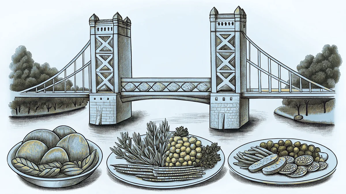 Farm-fresh produce displays sit beside Sacramento's iconic Tower Bridge.