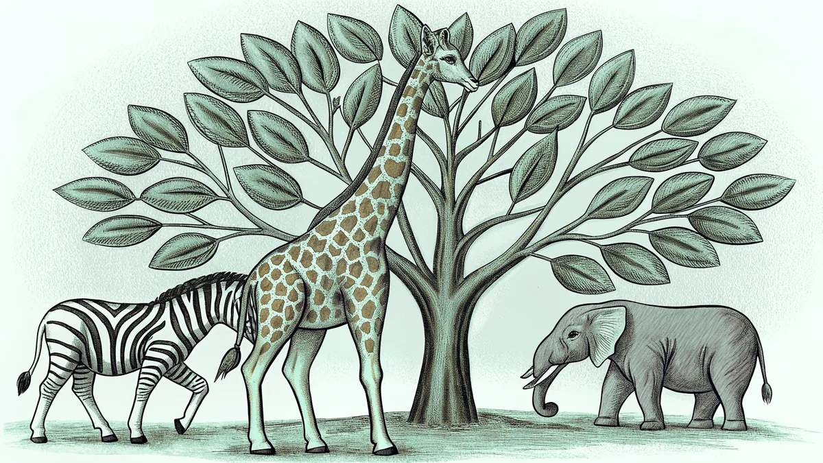 African wildlife including a giraffe, zebra, and elephant grazing on the golden savanna