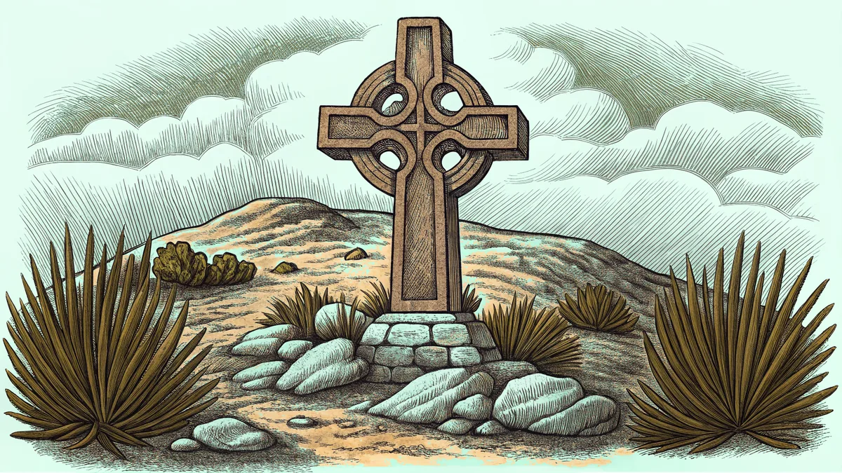 A weathered stone Celtic high cross alone on a windswept green hillside.