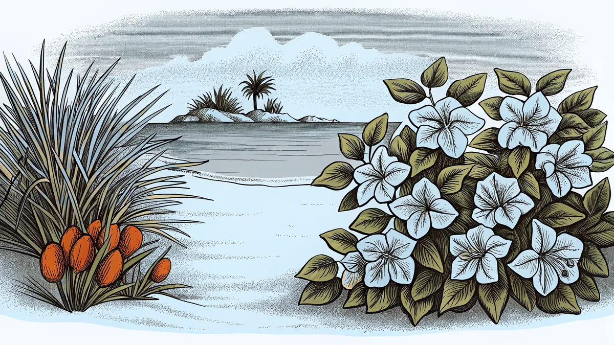 Exotic flowers bloom on Saipan's Bird Island near the sandy microbeach.