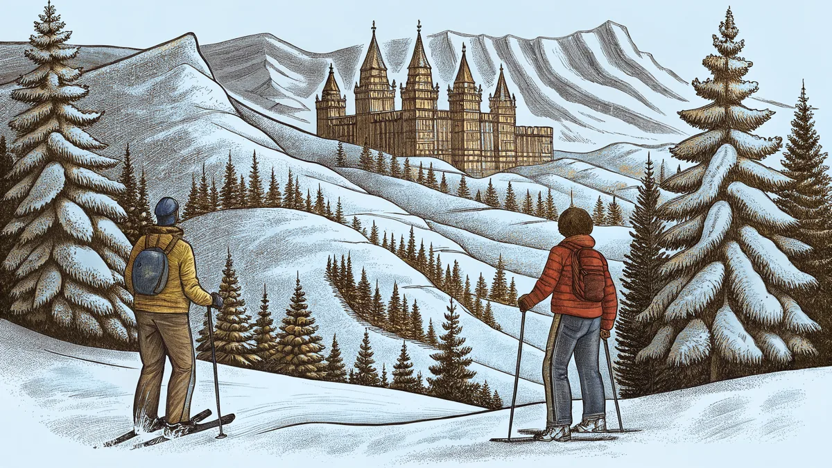 Skiers descend snowy slopes with the Salt Lake Temple visible below.