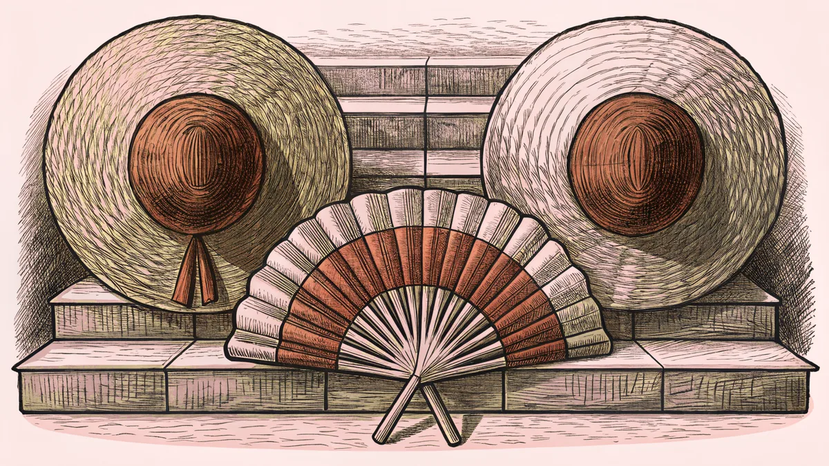 Two straw hats and a folded fan arranged on wooden planks.