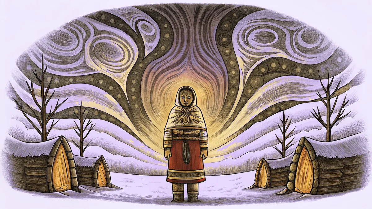 A spiritual guide summons the northern lights across an icy tundra.