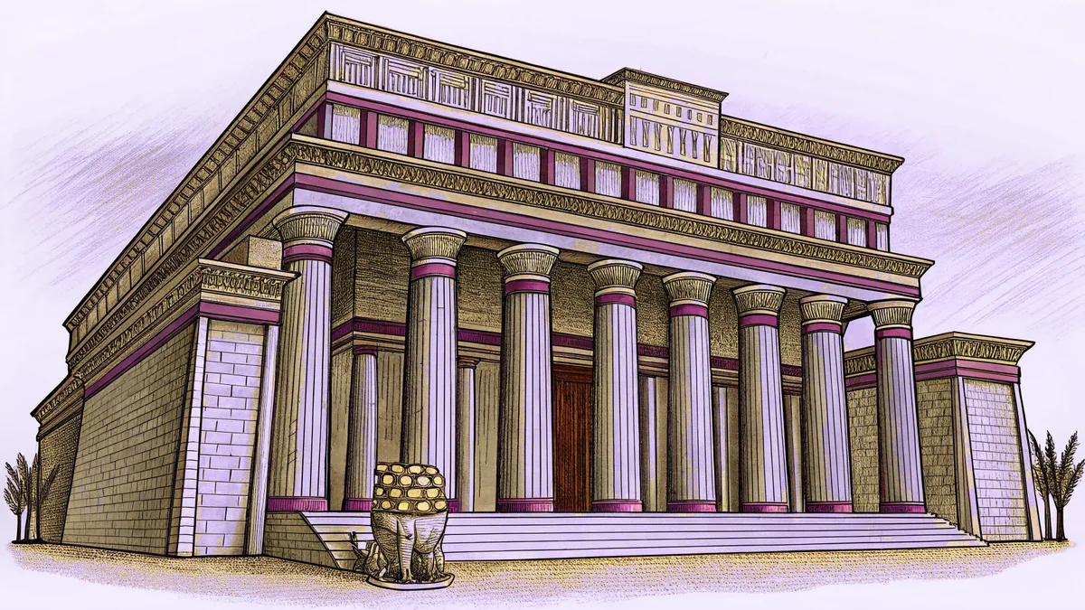 Ancient stone temple pillars standing near a powerful lion with sweet honeycomb displayed.