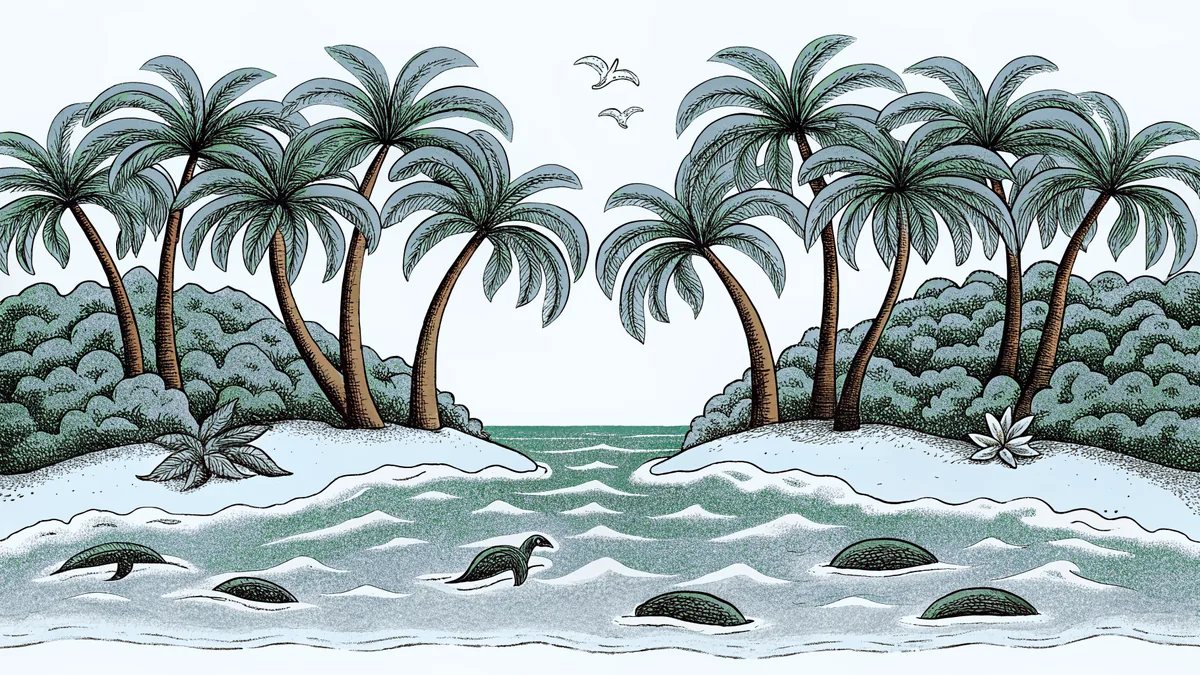 A sunny beach with palm trees overlooks the Pacific Ocean near a wildlife park