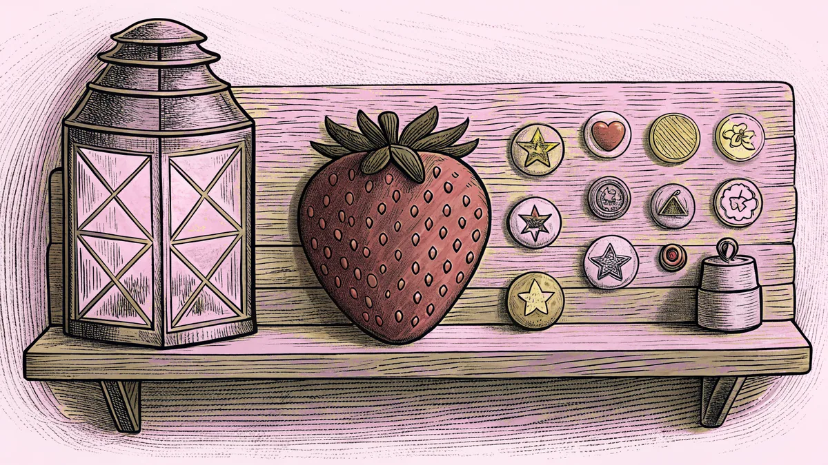 A row of enamel pin badges sits beside a strawberry and a paper lantern on a pastel shelf.