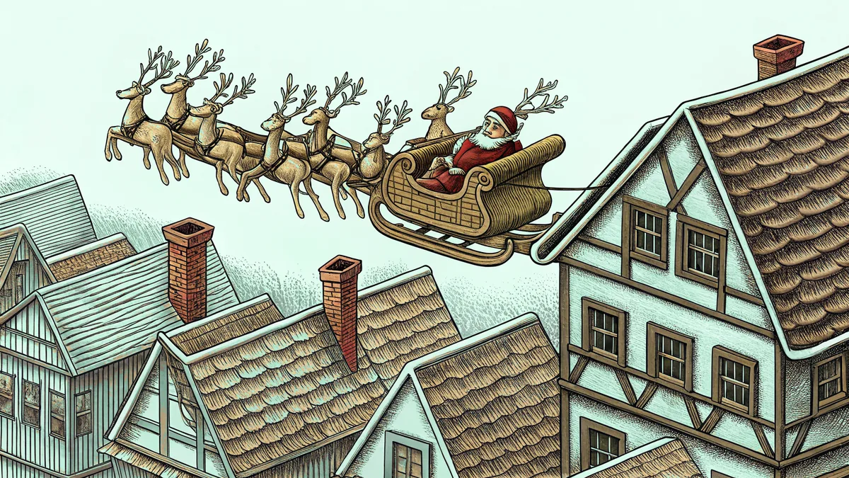 Santa's reindeer-drawn sleigh flies above snow-covered houses delivering holiday gifts.