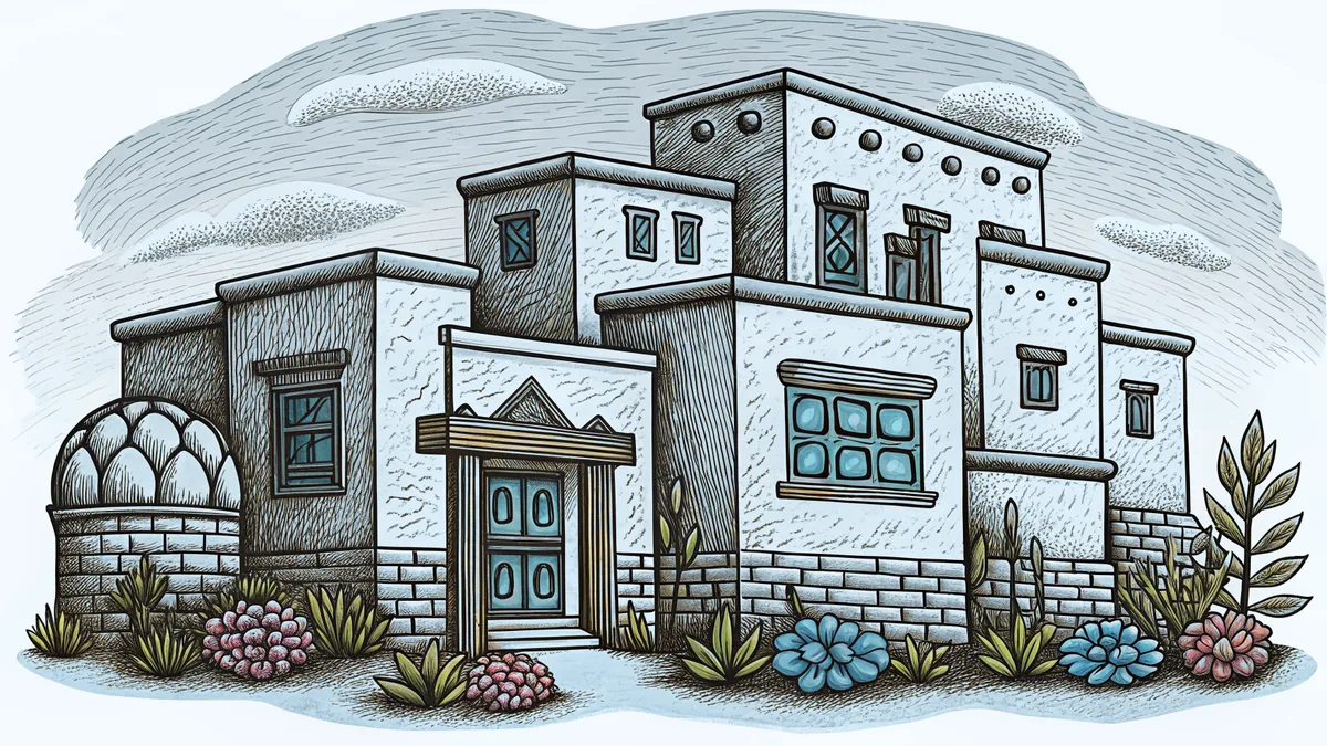 Adobe Pueblo buildings line Canyon Road in artistic Santa Fe.
