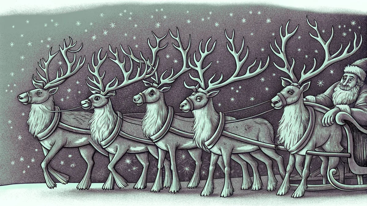 Team of reindeer in flight harness pulling loaded sleigh through starry winter sky