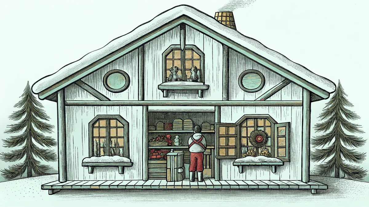 Elves work at a busy workbench surrounded by toys and Santa's sleigh.