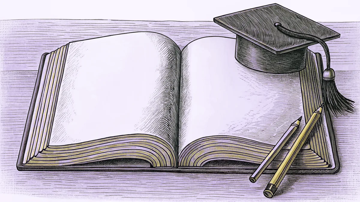 Blank book pages with sharpened pencils and a graduation cap arranged on a wooden desk.