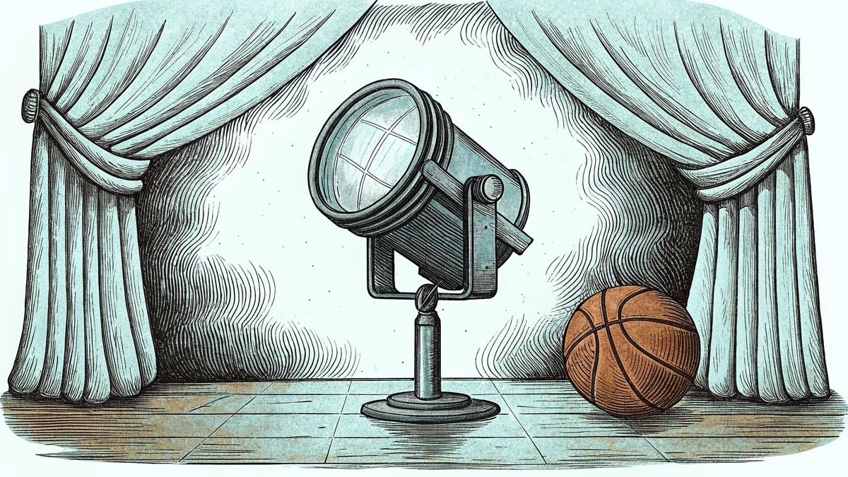 A stage spotlight stands beside a folded velvet curtain and a basketball on a polished gym floor.