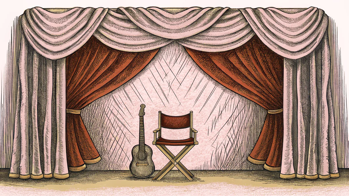 Musical instrument shapes and a director's chair arranged in front of a theatrical backdrop.