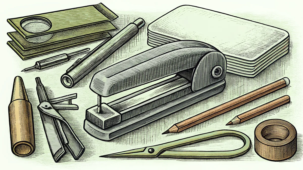 School supplies including stapler, compass, markers, and tape arranged on desk