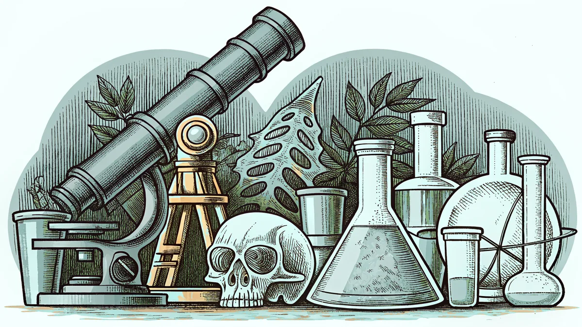 Scientists at work with lab equipment, fossils, and research specimens.