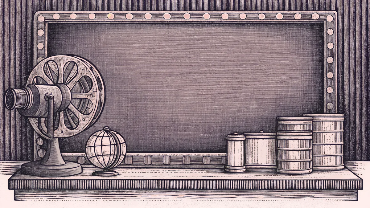 A cinema projector lens and small model globe sit on a shelf next to stacked vintage film canisters.