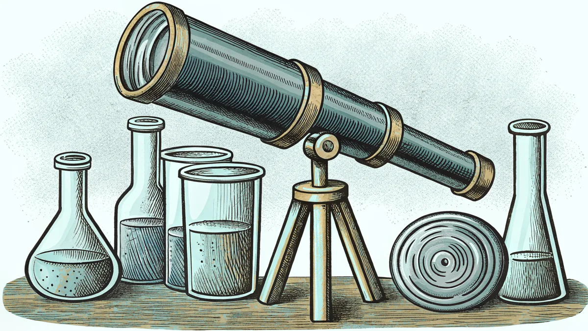 A telescope points skyward beside laboratory beakers filled with swirling reactions.