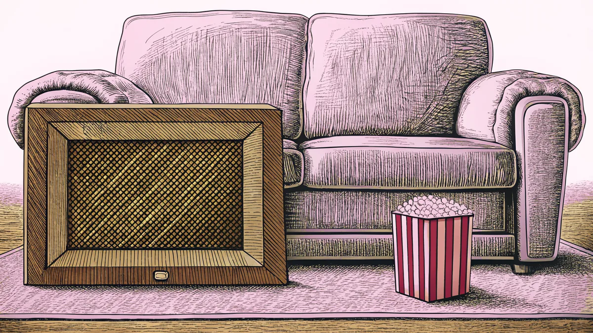 A vintage television set and popcorn container sit beside a sofa and side table on a living room carpet.