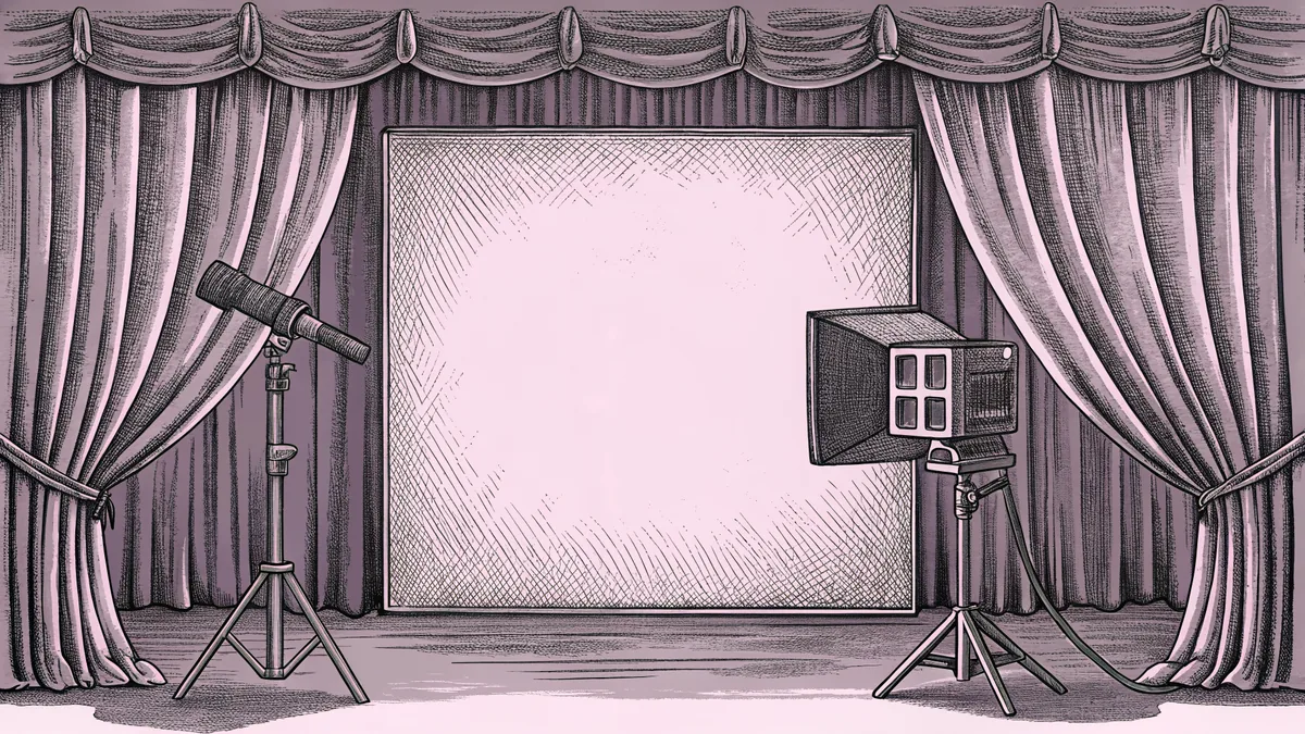 A boom microphone and studio camera rest beside a boxy television set.