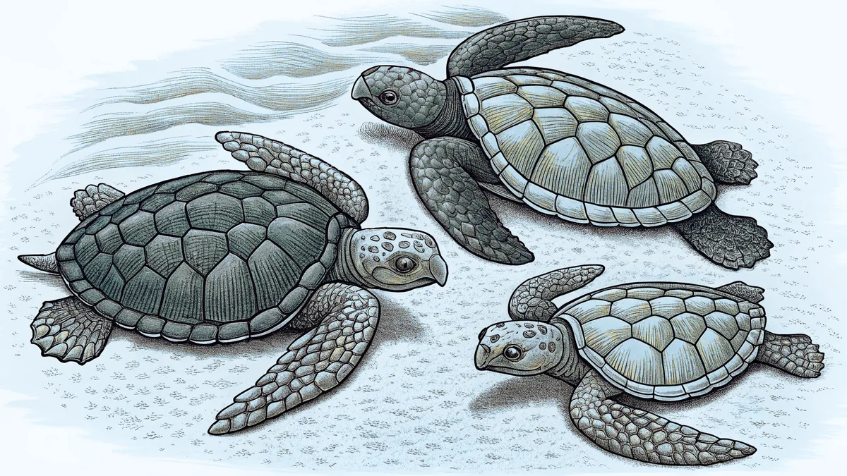 Sea turtles on a sandy beach and gliding through ocean waters gracefully.