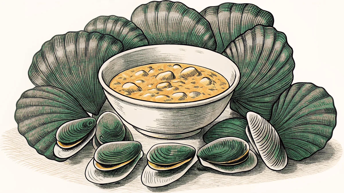 A steaming bowl of chowder beside seared scallops and mussels arranged on ice.