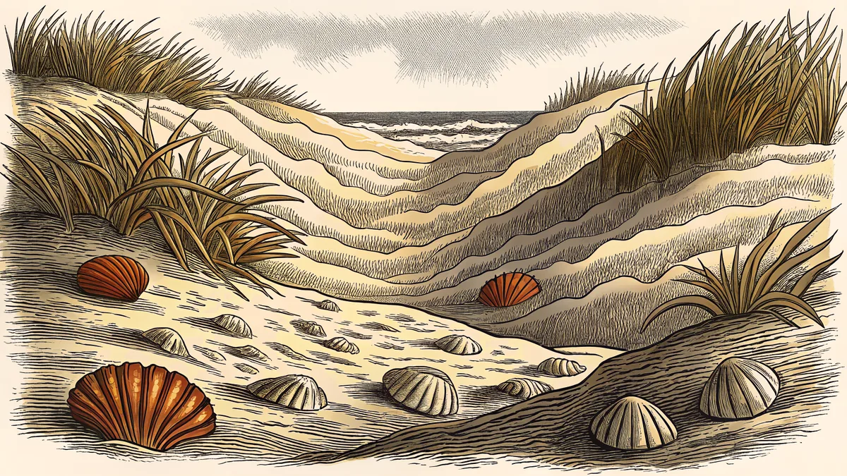 Shoreline with sand dunes, scattered seashells, water ripples, and golden sand.