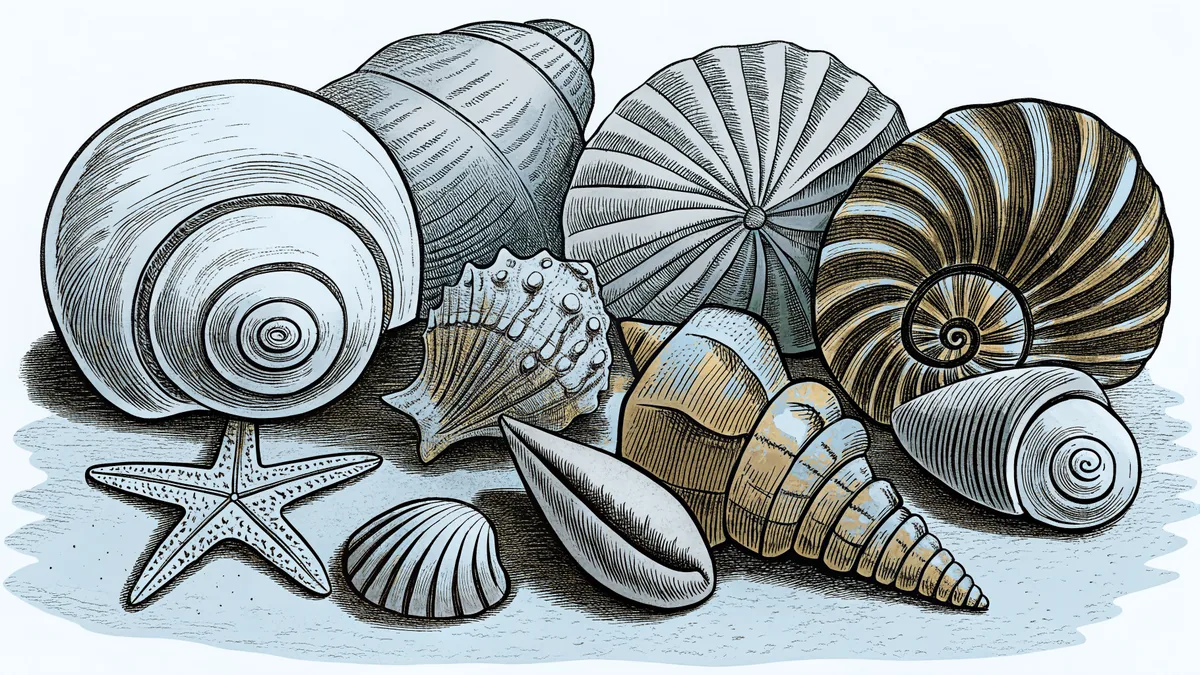 A collection of colorful seashells arranged artfully on pristine sandy beach.