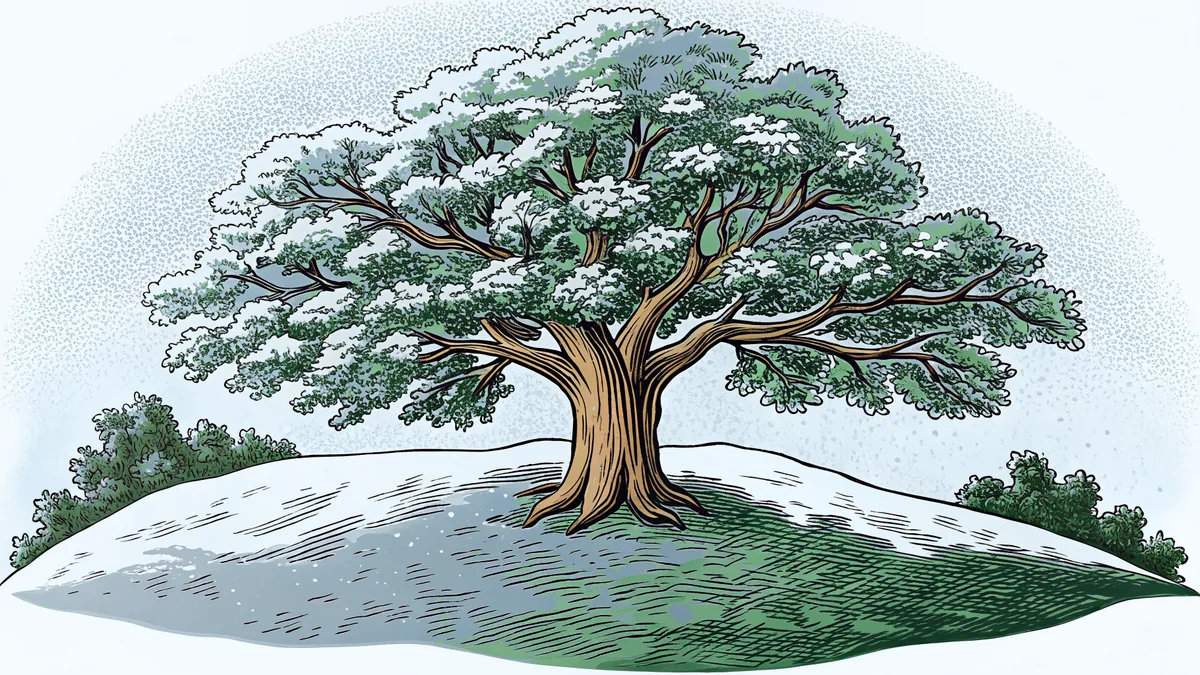 An oak tree on a hillside carries blossom on one side while snow drifts against its trunk.