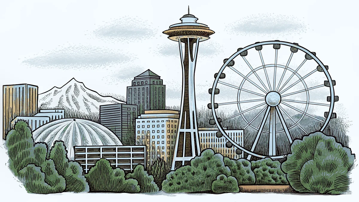 Seattle's iconic skyline with the Space Needle and Ferris wheel in rain.
