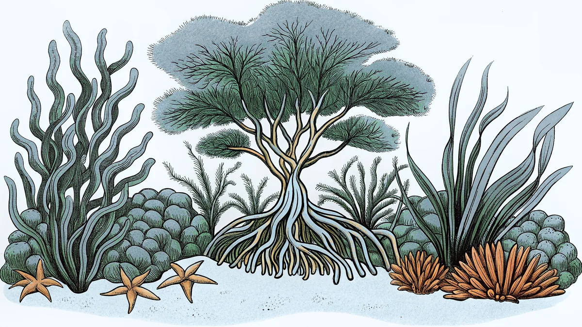 A kelp forest canopy with swaying seaweed and marine plants in ocean current.