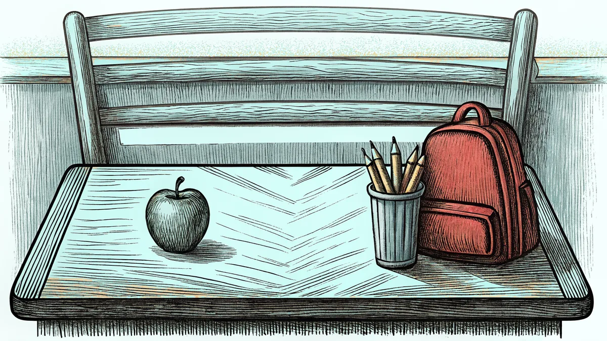 A wooden school desk with an apple and a cup of pencils, a red backpack hanging at its side.