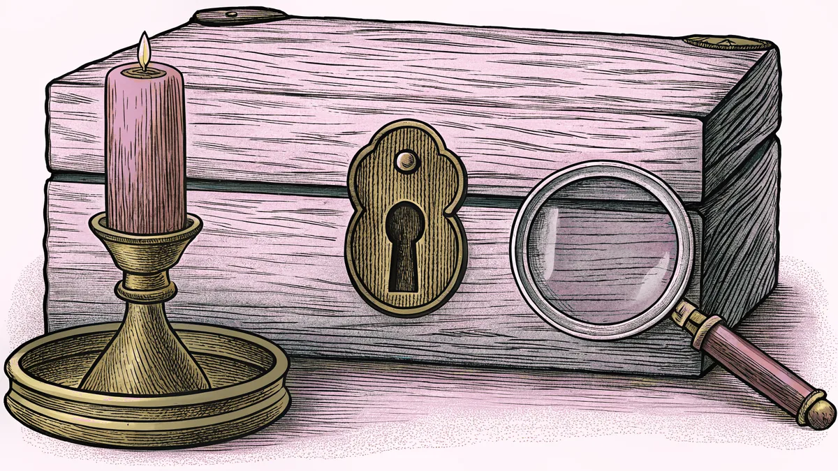A brass keyhole on a locked wooden box, with a candle and a magnifying glass beside it.