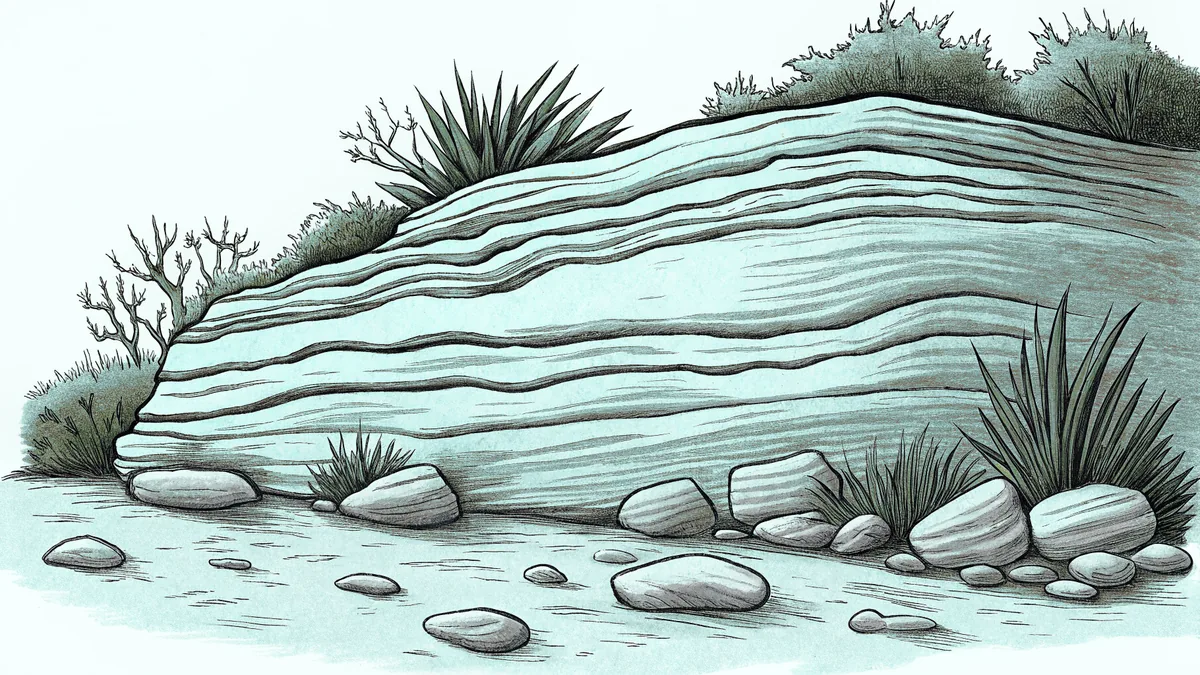 Sedimentary rock samples rest on river stones showing mineral composition.