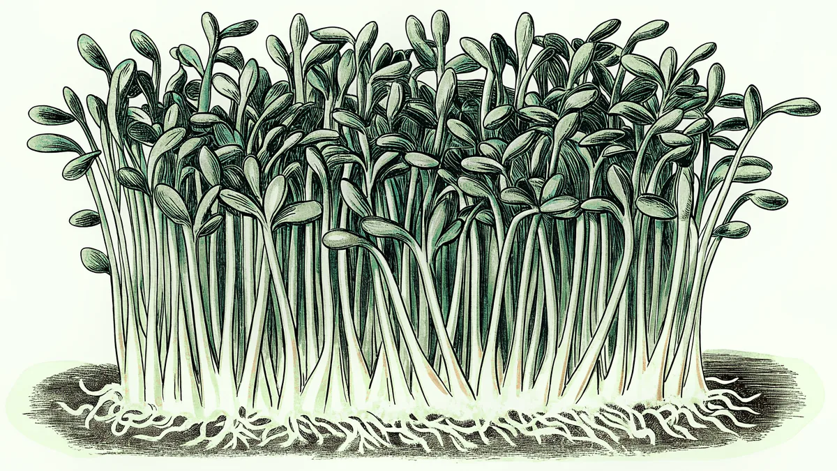 Seeds sprouting with white roots pushing downward and green shoots reaching upward through dark soil.