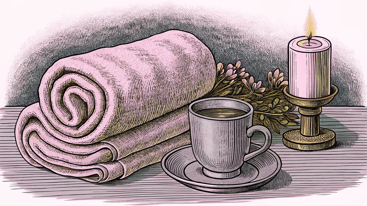 A folded towel and a lit candle beside a cup of dark tea, with a sprig of flowers behind them.