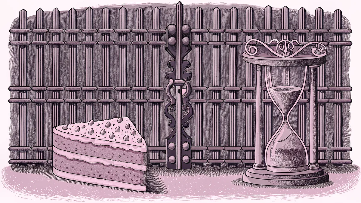 A slice of cake sits beside an hourglass and a locked iron gate.