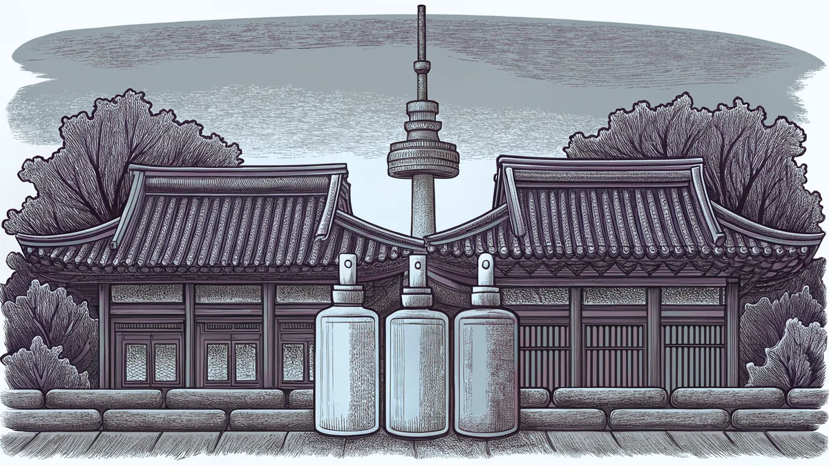Seoul Tower rises behind traditional Korean houses with cosmetics and modern storefronts