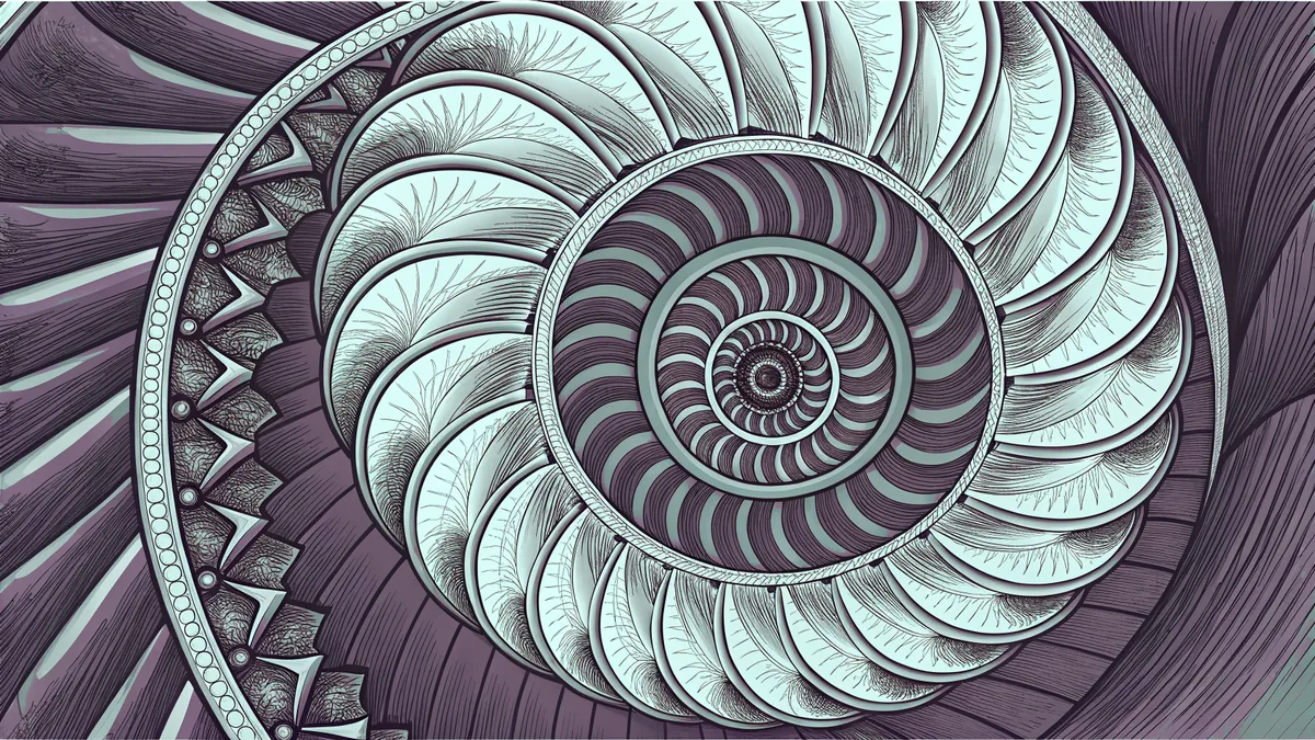 A Fibonacci spiral unfolds alongside geometric sequence patterns and mathematical notation on blank paper.